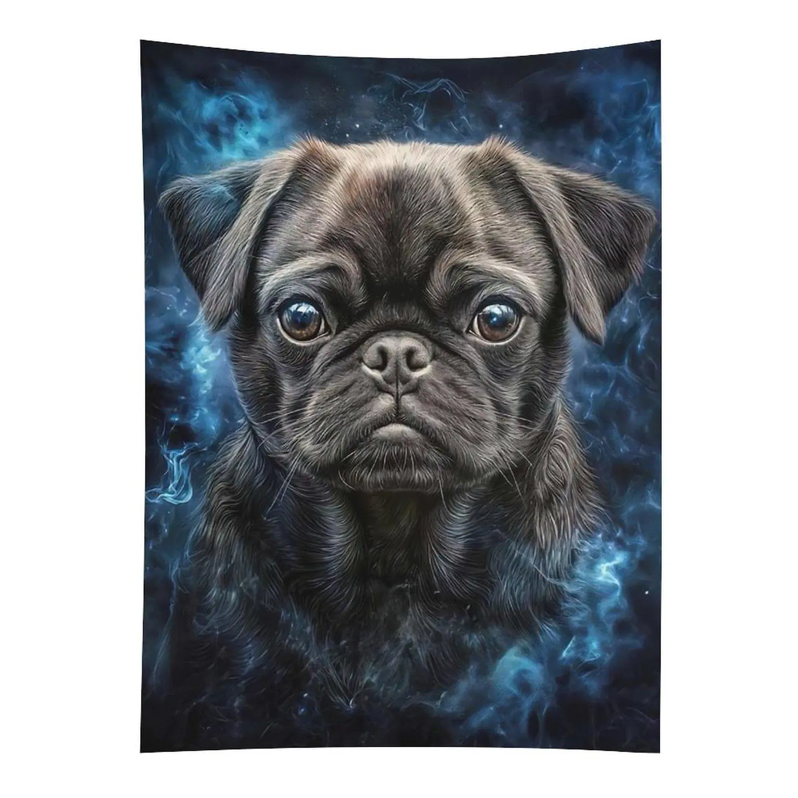 Black Pug Portrait Tapestry Blue Smoke Dog Wall Hanging Decor