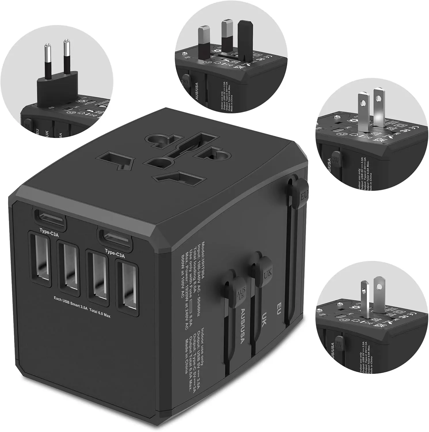 Universal Travel Adapter with 6 USB Ports and AC Outlet, 30W International Charger with USB-A and USB-C for Europe USA UK AUS, Compact Worldwide Power Plug for Travel Essentials and Holiday Trips