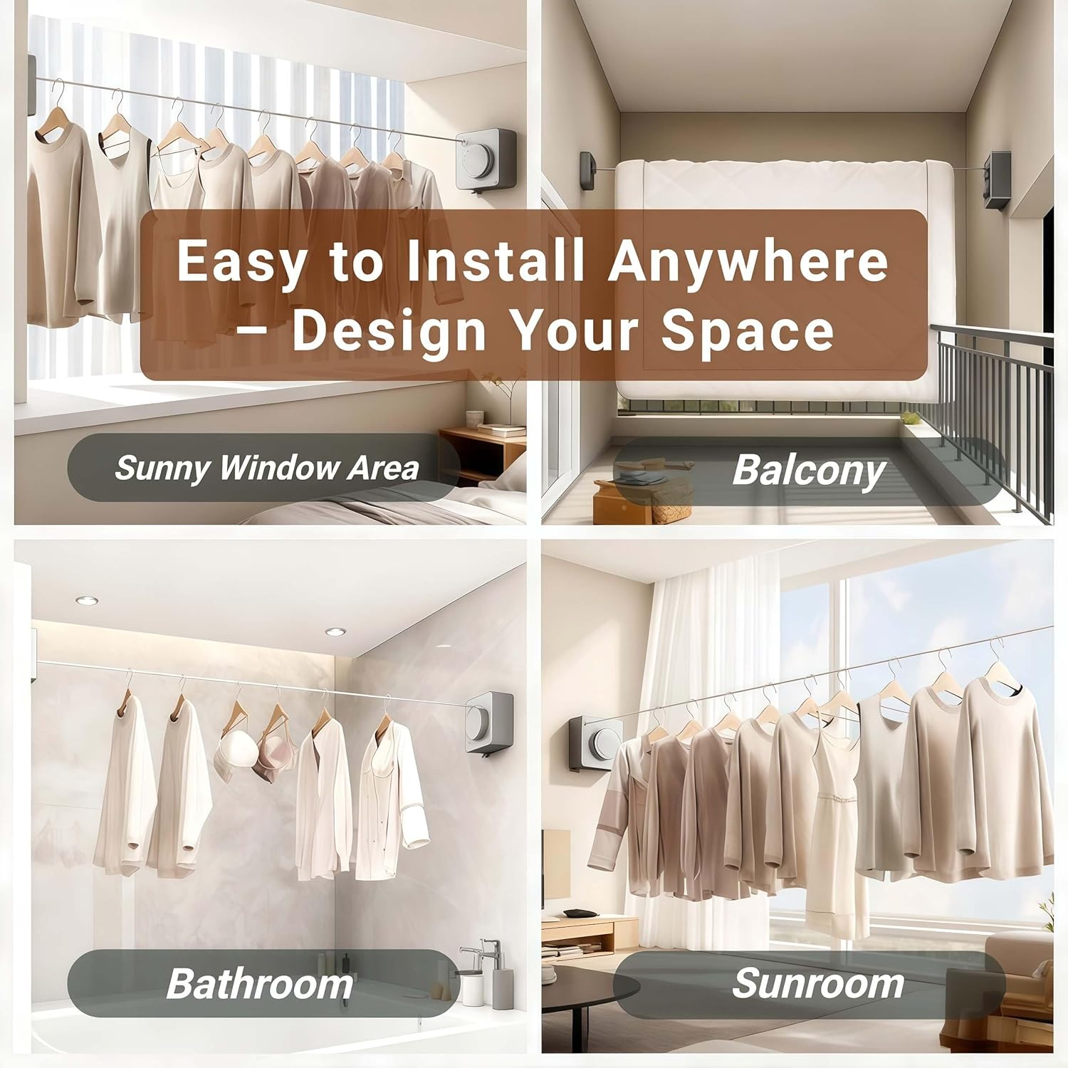 Retractable Clothesline Indoor & Outdoor – 16.8 Ft Non-Sagging Heavy-Duty Stainless Steel Clothes Line for Apartments, Bathrooms, Balconies & RV Walls, Space-Saving Laundry Line