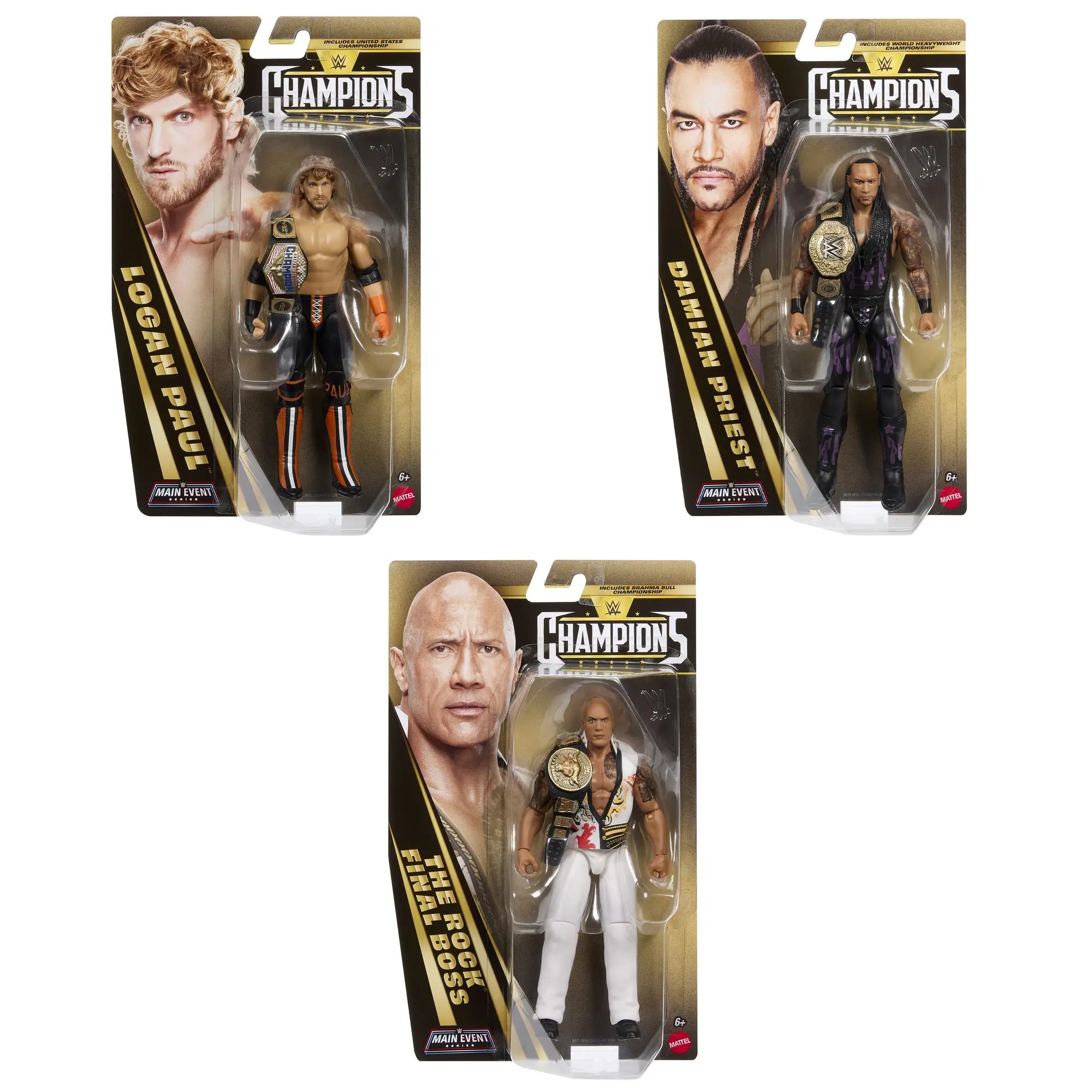 WWE Main Event Champions 7 - Set of 3 (The Rock, Logan Paul & Damian Priest) Mattel WWE Toy Wrestling Action Figures