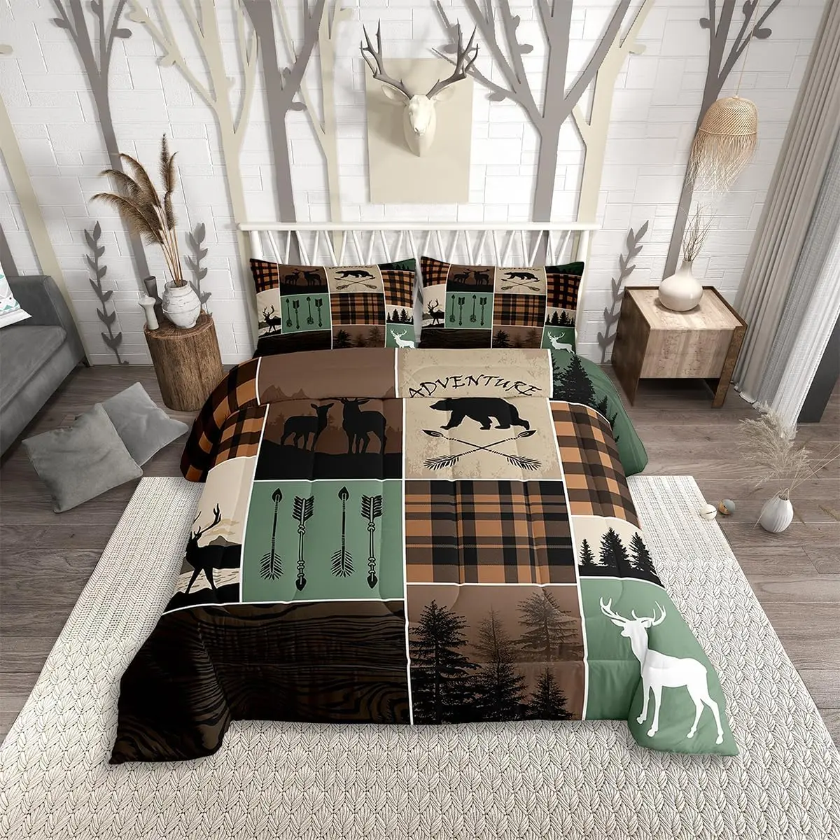 Feelyou Rustic Farmhouse Decorative Bedding Set - Soft Microfiber, All-Season Duvet Set with Animal (Bear, Deer) Print, Hunting Theme, Plaid Arrows Patchwork, Machine-Washable, Multi-Size (Incl. Queen) with Pillows