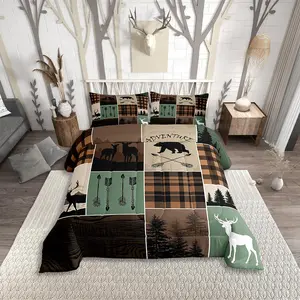 Farmhouse Retro Rustic Comforter Set,Country Bear Deer Bedding Set,Hunting Wild Animal Duvet Insert,Plaid Arrows Adventure Patchwork Quilt