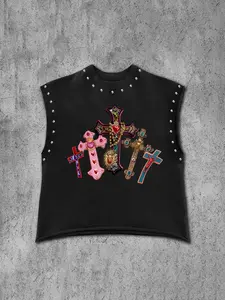 Men's Casual Sports Tank Top, Cross Print + Stud Design Sleeveless Vest, Fitness Streetwear, Trendy and Comfortable, All Seasons, Sport Vests, Sleeveless Sports Tops, Sleeveless Workout Vest