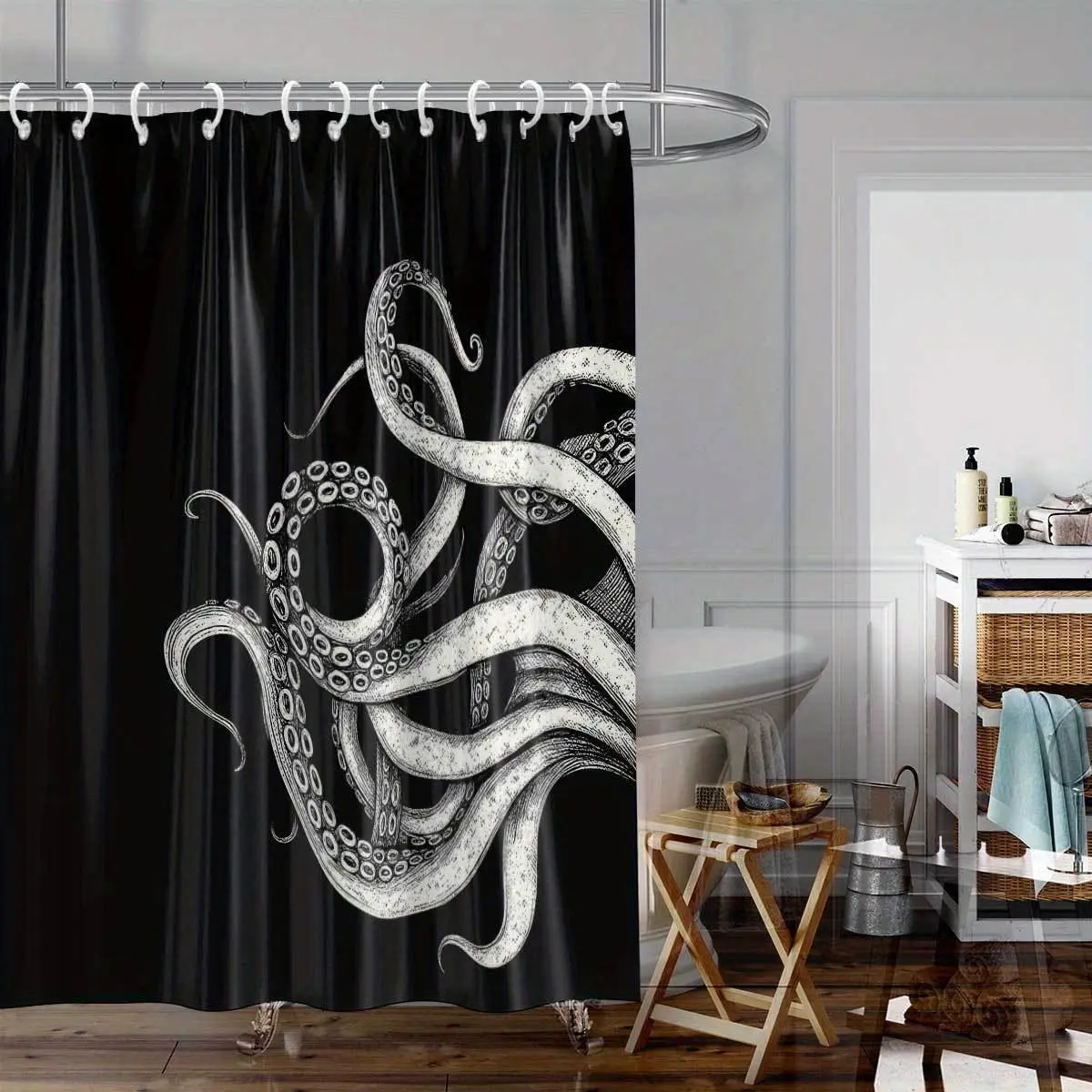 1pc Black And White Style Octopus Tentacle Theme Shower Curtain, Polyester Material, with Punch-Out Hooks, Machine Washable, Shower Partition And Privacy Protection, Fashionable And Comfortable Design, Easy to Install Bathroom Decor 72x72inch