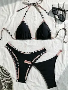 Women's Plaid Print Bikini Set, Triangle Top & Side Tie Shorts Swimwear, Bikini Top Shorts Combo, Stylish Three-Piece Swimsuit, Swimsuit Style Bikini for Beach & Pool