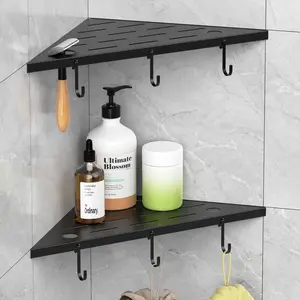 Corner Shower Shelves, 10" Matte Black 304 Stainless Steel Recessed Shelf for Bathroom,Grout in Shelf with Hooks for Tiled Wall 2 Pack (Black)