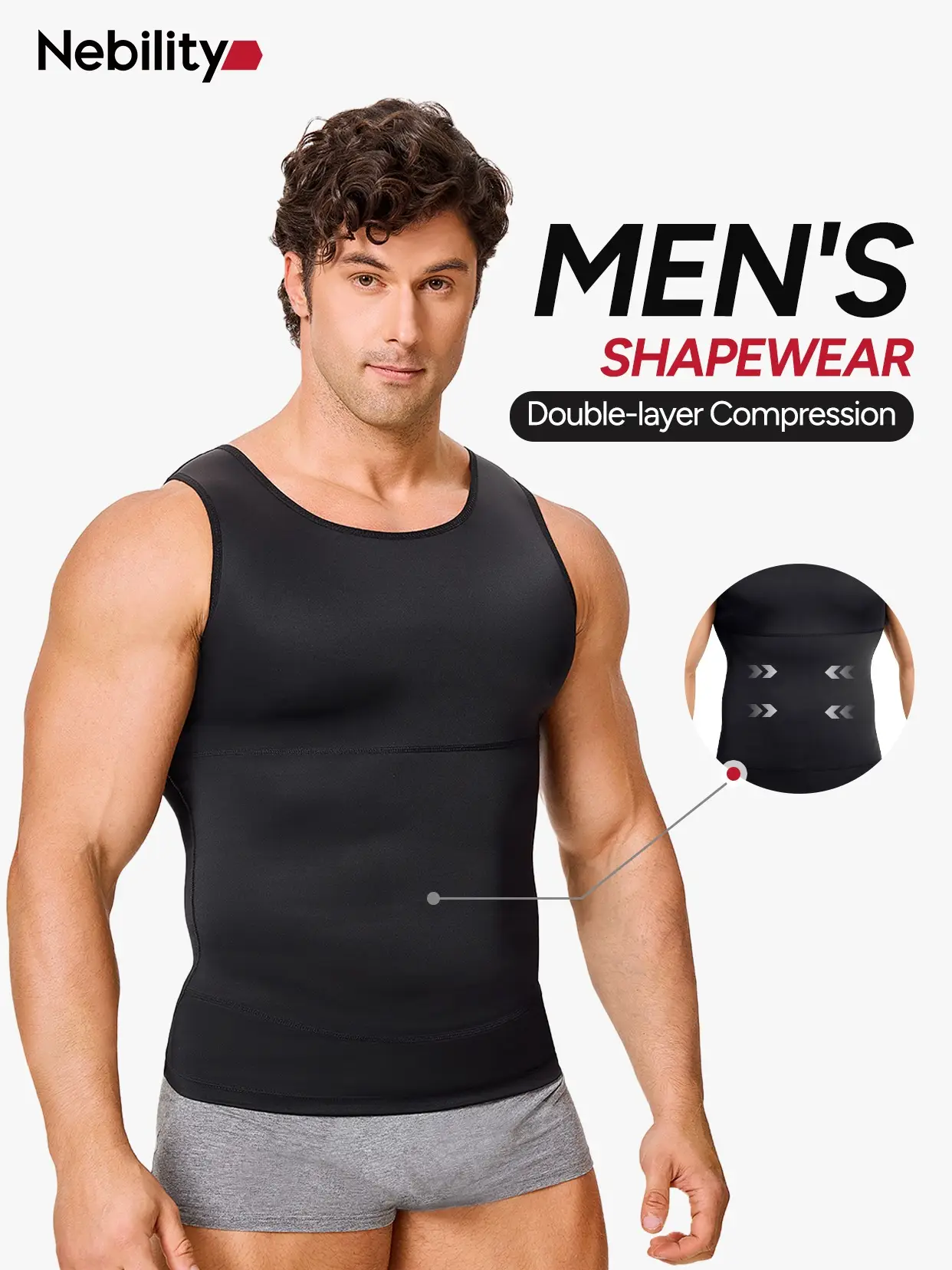 Nebility Men's Tummy Control Shapewear Tanktop - Sleeveless High Elasticity Breathable, Waist Chest Compression Vest Athletic Workout Clothing