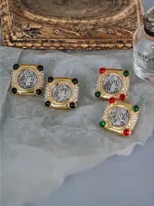 Vintage second-hand album-style reproduction portrait square crystal stud earrings