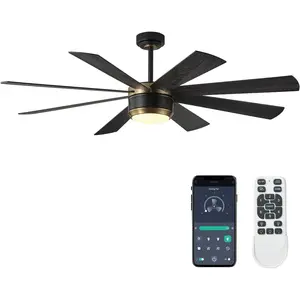 Ceiling Fan with Lights and Remote Control, 8  App Commercial Industrial Reversible Stepless Brightness and Color Temperature Ceiling Fan with Light (Black-, 60 Inch)
