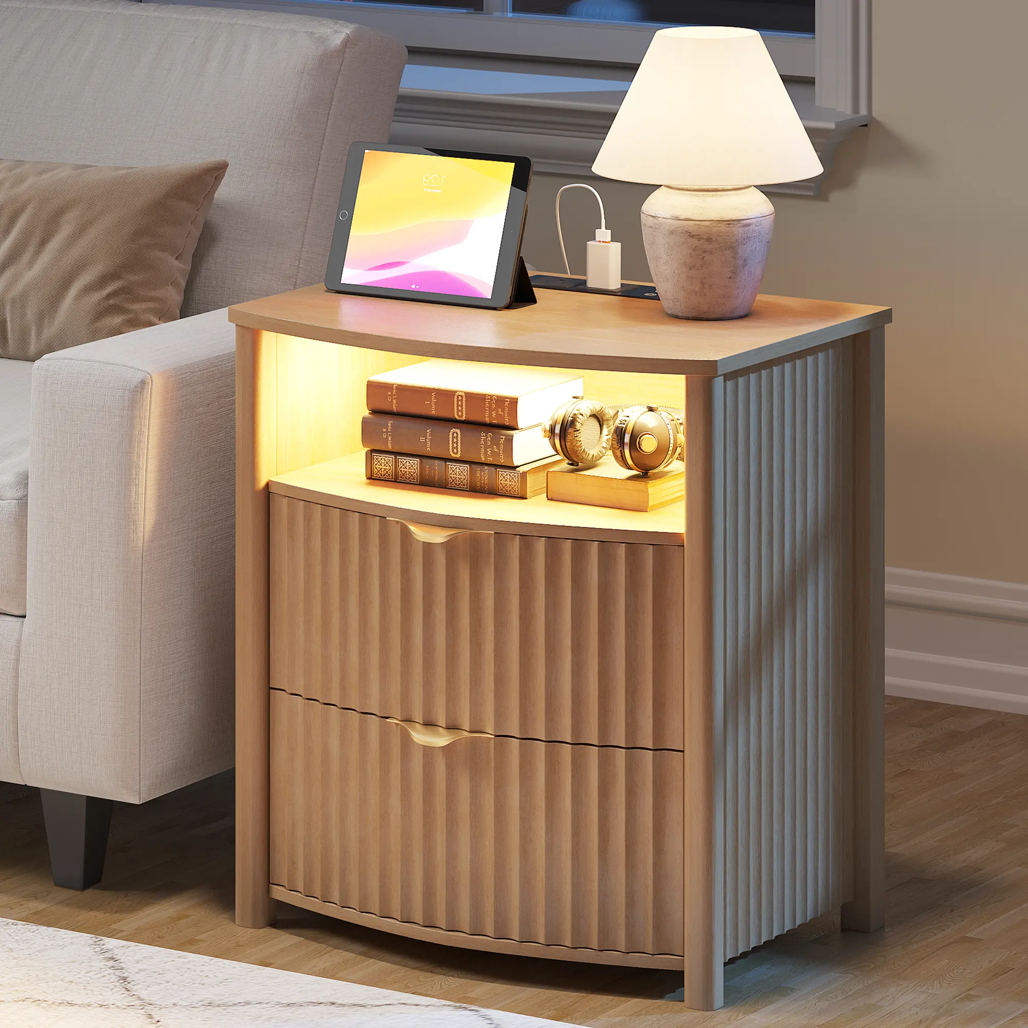Vlsrka Fluted Modern Arc Edge Night Stand with Gun Drawer & Card-Lock, 19.7" W 2-Drawer Smart Bedside Table with Built-In Charging Ports & LED Lights for Bedroom, Modern Bedside Tables, Built-In Charging Ports Bedside Tables