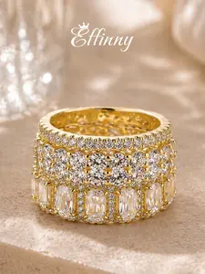 Effinny 14K Gold Plated 10.0ct S925 Sterling Silver Cushion Cut 4PC Non-tranish Wedding Ring Set, 5A CZ Luxury Women's Bridal Set Ring for Her