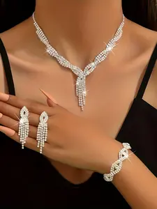Women's Elegant Rhinestone Decorated Jewelry Set (4pcs/set), Matching Jewelry Set, Exquisite Trendy Necklace & Dangle Earrings & Bracelet, Fashionable Jewelry Set for Party Decoration