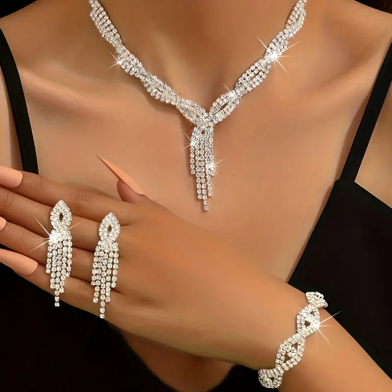 Women's Rhinestone Decorated Jewelry Set (4pcs/set), Necklace & Dangle Earrings & Bracelet, Jewelry Set for Party Decoration, Jewellery Gift Set