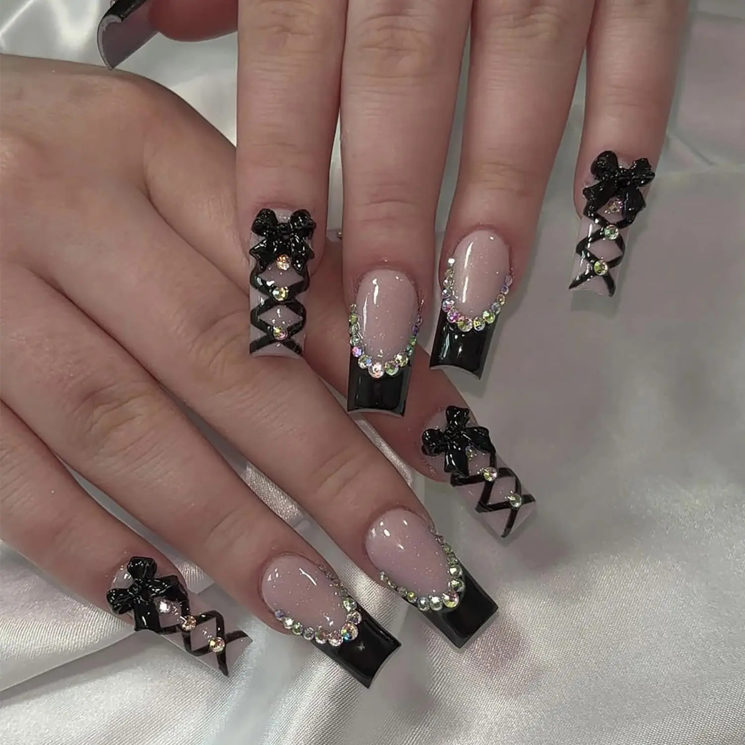 24Pcs Gothic Press On Nails Medium Square Shape Black French Tip With Rhinestone Bow Tie Designs Coffin False Nails Full Cover Glue On Nails For Women Fall medium coffin gothic chrome press