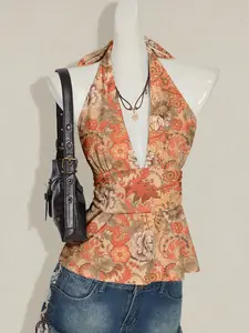 Halter Deep V-Neck Cinched Waist A-Line Backless Striped Tank Top Vacation Summer Beach Season