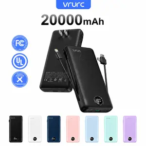 VRURC Portable Charger 20000mAh Fast Charging Power Bank USB C 4 Output 2 Input Travel Essentials with LED Display Built-in Wall Plug Cables Phone Charger Battery Device Folding 22.5W QC Foldable Storage