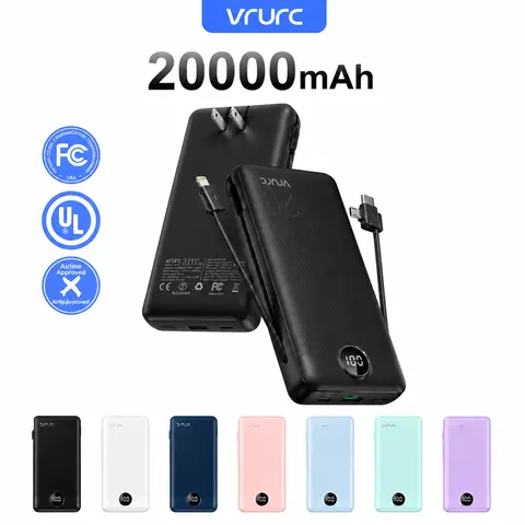 VRURC Multifunctional High Power 20000mAh Chargeable Portable Charger - 22.5W QC Fast Charging, Built-in Wall Plug, Folding Cables, 4 Outputs, 2 Inputs, LED Display, Smartphone/Android Charging Solution, Mobile EDC Gear,techvibes