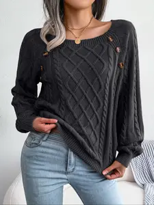 Women's Solid Textured Fake Buttons Raglan Sleeve Sweater, Casual Round Neck Long Sleeve Knit Jumper For Fall & Winter, Fashion Ladies Knit Clothing