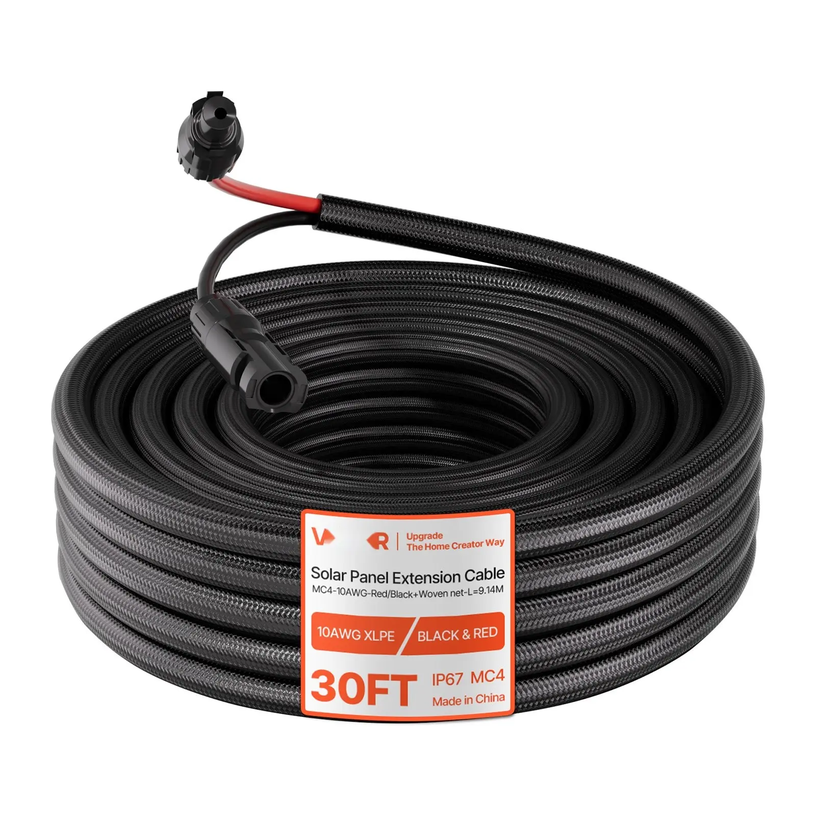 30-Foot 10 AWG Solar Panel Extension Cable With Flame Retardant Protective Sleeving, Female And Male Connectors, IP67 Waterproof PV Wire For Outdoor Automotive RV Solar Power Systems, Black And Red