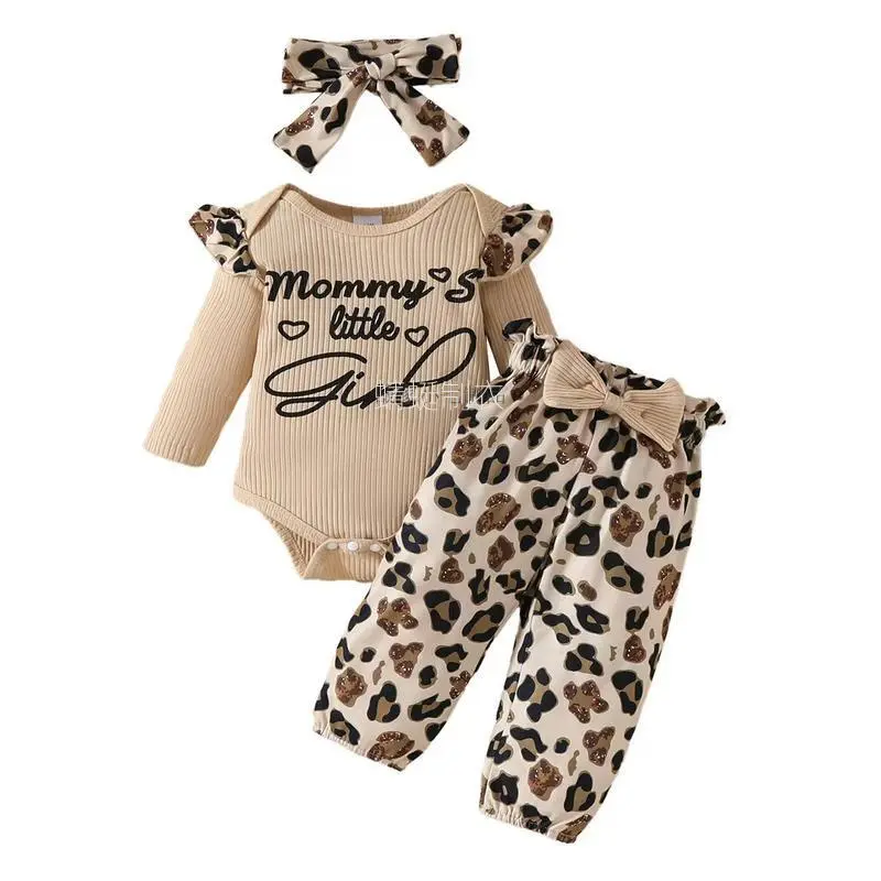 Baby Girls' 3-Piece Polyester Outfit Set - Casual Crew Neck Long Sleeve Shirt, Pants, Bow Headband for Spring Fall Toddlers, Long Sleeves, Clothes, Baby Items, Casual Wear, Polyester Blend, Three-Pieces