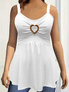Women's Elegant Sleeveless Vest Top, Plain Front Pleats, Heart Fashion Decoration, Casual Spring & Fall Wear