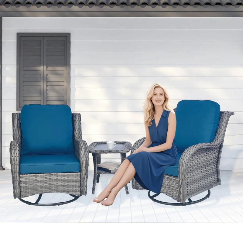 Outdoor Swivel Rocker Chairs 3 Pieces Wicker Swivel Patio Chair with Rattan Side Table, Wicker Patio Furniture Set, 3 Piece Rattan Outdoor Sectional Conversation Sets 2 Piece Wicker Hang gliding  Chairs and 1 Side Table, Blue+Grey
