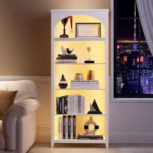 Dystler 70" Tall Bookshelf with LED Lights, 5-Tier Modern Farmhouse Wood Bookcase with Arched Design, Sturdy Standing Shelf for Living Room, Bedroom, Office Library