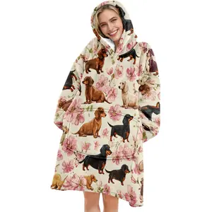Cute Dog Hooded Blanket, Wearable Flannel Throw, Soft Warm Digital Print Rug for Sofa Home Office Camping Travel Gift Idea