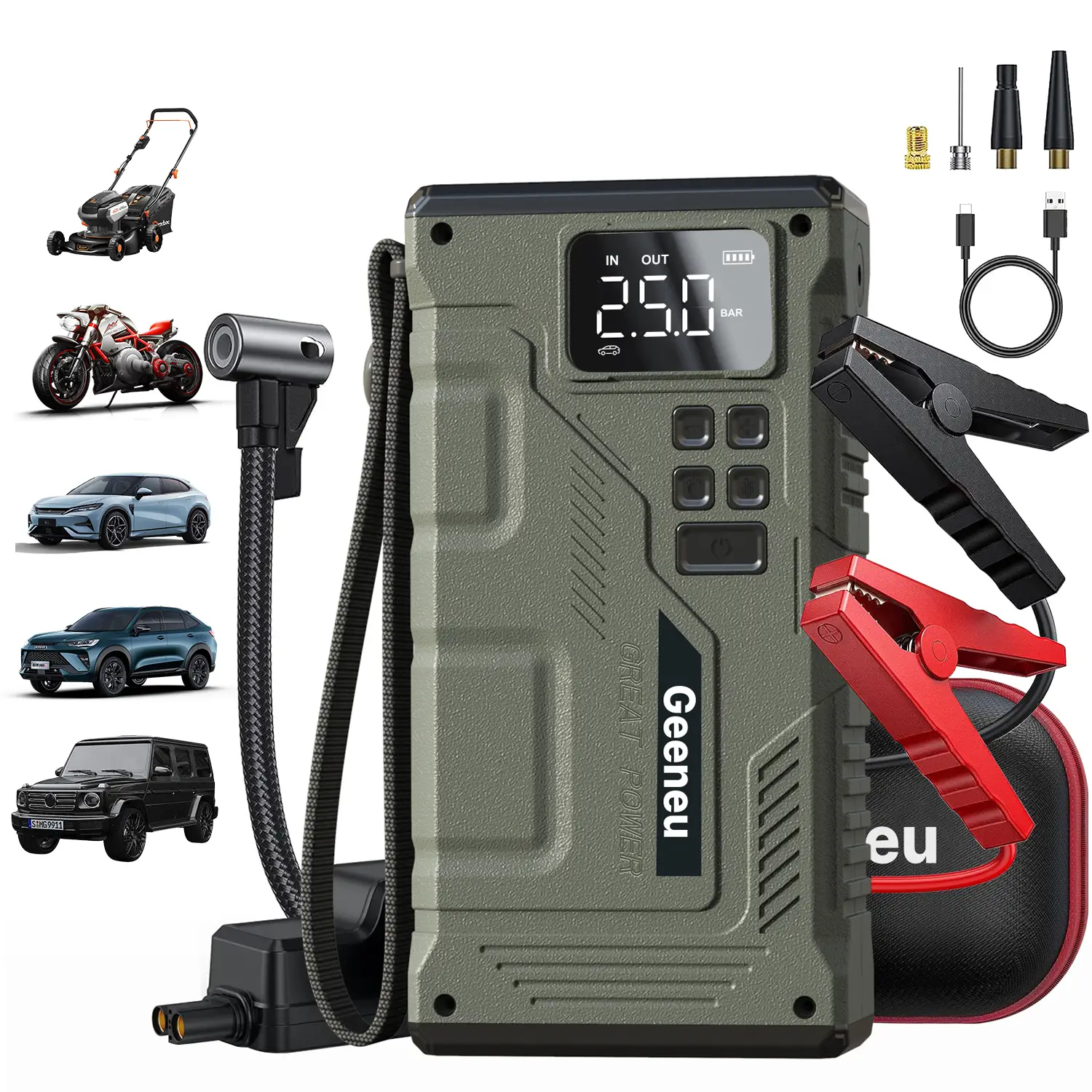 Geeneu 16800mAh Portable Car Jump Starter with Air Compressor 6000A Peak, (10.0L Gas, 9.0L Diesel) 150 PSI Tire Inflator, LED Light, USB Car Essenti