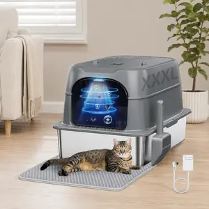 Smart Odor Control Stainless Steel Automatic Cat Litter Box 15 GALLON XXXL with  Auto Pause Sensor Plasma Deodorizer for Large Big Multiple senior Essentials Anti-Urine Leakage Include Mat & Scoop,Non-Sticky Enclosed No Smell Easy Clean Summervibes