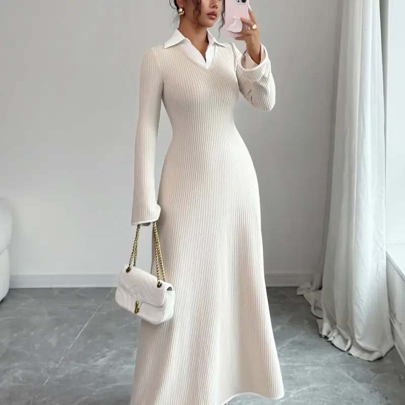 Fashion Elegant Shirt Collar Waist Cinched Long Sleeve Bodycon Knitted Dress, Fitted Plain Design for Fall & Winter, Women's Stylish Clothing, Minimalist Aesthetic, Basic, Knit Sweater Dresses