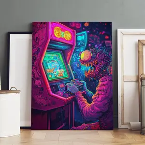 Neon Cyberpunk Gaming Monster Pattern Canvas Painting with Frame, Modern Art, Character Art, Fashion Decoration, Wall Art Decoration, Living Room Bedroom Decoration, Hallway Office Mural, Ornaments