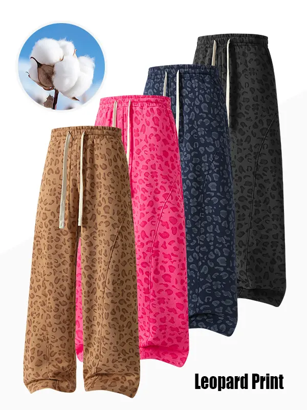 Men’s leopard-print casual trousers with side pockets, lightweight and breathable soft fabric, loose comfortable casual sweatpants, ideal for daily wear and all-year running