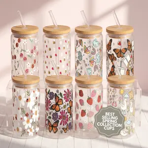 Sip-Sip Hooray! Spring 2025 Aesthetic Cups – 16oz-20oz Glass & Plastic Tumblers with Lids & Plastic and Glass Straws, Reusable Iced Coffee Must-Have, Spring Essentials Bamboo Drinkware Water Bottles