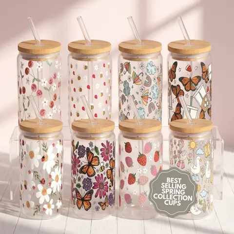 Spring Aesthetic 16oz Glass Can Cup with Bamboo Lid & Straw, Gift for Her