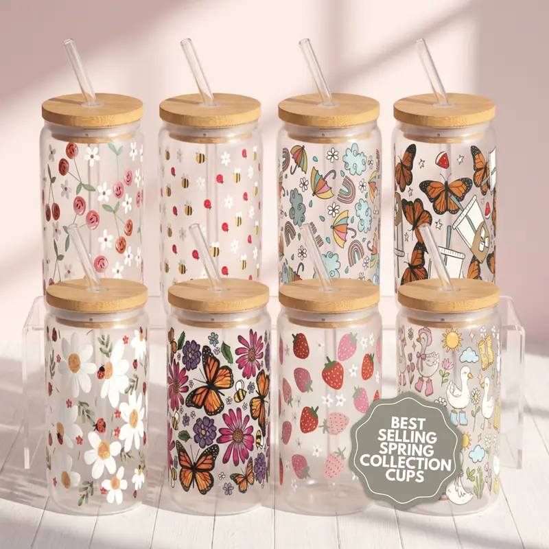 Spring Aesthetic 16oz Glass Can Cup with Bamboo Lid & Straw, Gift for Her