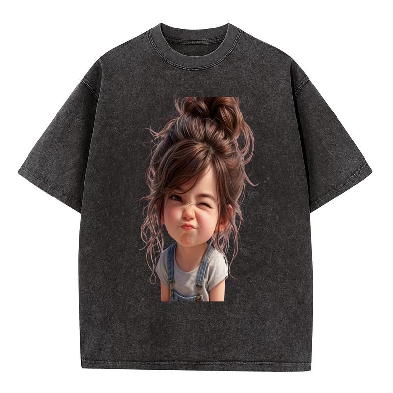 Women's Plus Size Acid Wash Cotton T-Shirt - Cute Chibi Girl Messy Bun Pouting Graphic, Vintage Oversized Casual Short Sleeve Crew Neck Curvy Top for Anniversary, Beach, Fit Looks (Acid Wash Women's T-Shirts)