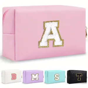 AZMT/Women Octagonal Makeup Bag PU Letters Makeup Bag, Portable Chenille Letter Cosmetic Bag With Zipper, Initial Letter Patch PU Leather Travel Toiletry Bag Monogram Make Up Pouch  For Fall Home Decor.Initial Letter Patch Makeup Bag