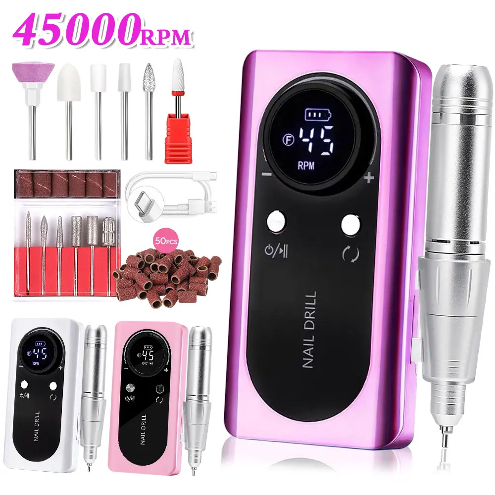 Professional Nail Drill Kit, 45,000 RPM Portable & Rechargeable Electric Manicure Tool with Low Noise Brushless Motor, 10-Hour Long Runtime & HD LCD Display, Nail Care Product
