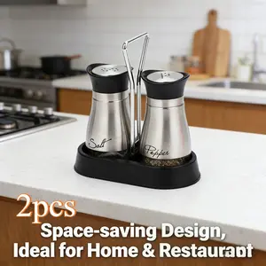 2pcs Stainless Steel Spice Containers with Rack, Stylish Salt and Pepper Shakers for Home Kitchen, Elegant Design for Dining & Storage