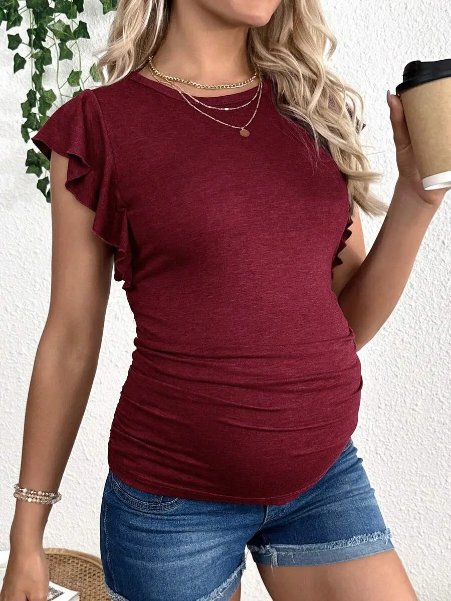 Summer Burgundy Maternity T-Shirt,Casual Photoshoot Top With Side Ruching And Ruffled Flutter Sleeves,Elegant Solid Maroon Fitted Pregnancy Blouses