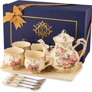 Luxurious Vintage Ceramic Tea Set Gift Box, Includes Tray, Teapot, 4 Cups, 4 Spoons, Perfect for Afternoon Tea, Elegant Design, Ideal Gift