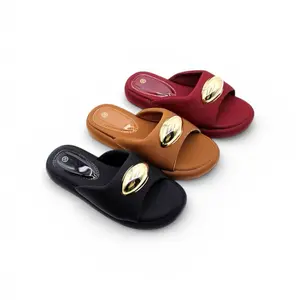Name Women's Comfortable Slides with Gold Buckle - Available in Black, Brown, and Red - Stylish and Durable Sandals for Everyday Wear