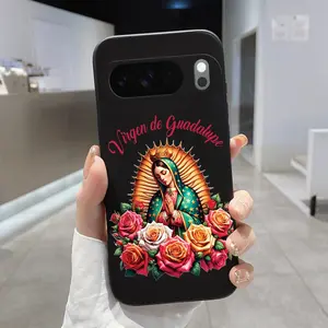 Rounded Edge Phone Case for Google Pixel 10 9 8 7 Pro A XL Guadalupe's Divine Grace Pattern Anti-Scratch Shockproof Soft Liquid Silicone Protective Cover Smartphone Casing