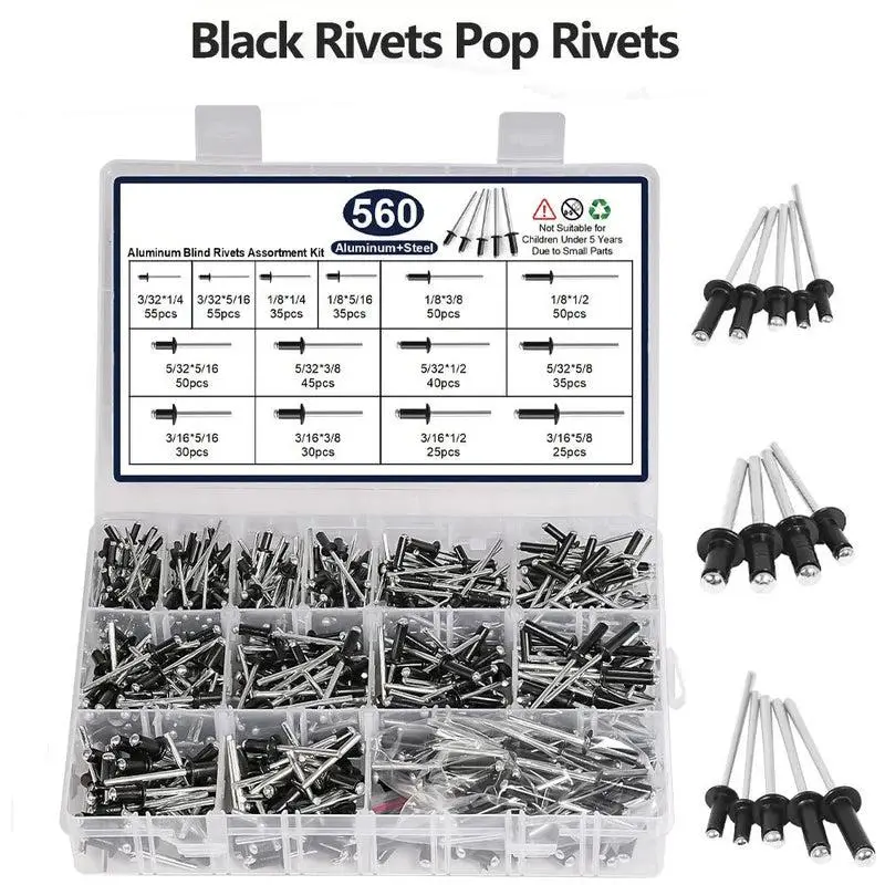Black Open-End Dome Head Blind Rivets Assortment Set - 560 Pieces, Aluminum+Steel Body-Mandrel, Corrosion Res., Inches Sizes, Metal Joining Tools & Hardware Fasteners Accessory