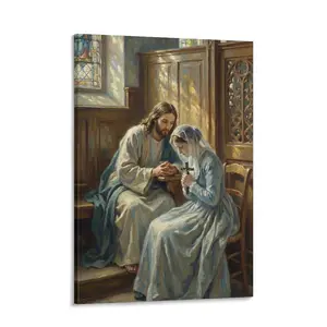 religious print Jesus Christ Comforting a Praying Woman Premium Canvas Wall Art Christian Home Decor Faithful Woman Prayer Scene Serene Moment of Faith and Devotion