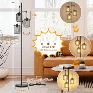 FLOWGO Black Floor Lamp, Dimmable Industrial Gold Floor Lamp Farmhouse Floor Lamps for Living Room with Cages 70'' Tall Lamp Modern Floor Lamp Standing Lamp for Bedroom Office Living Room 3 LED Bulbs Included