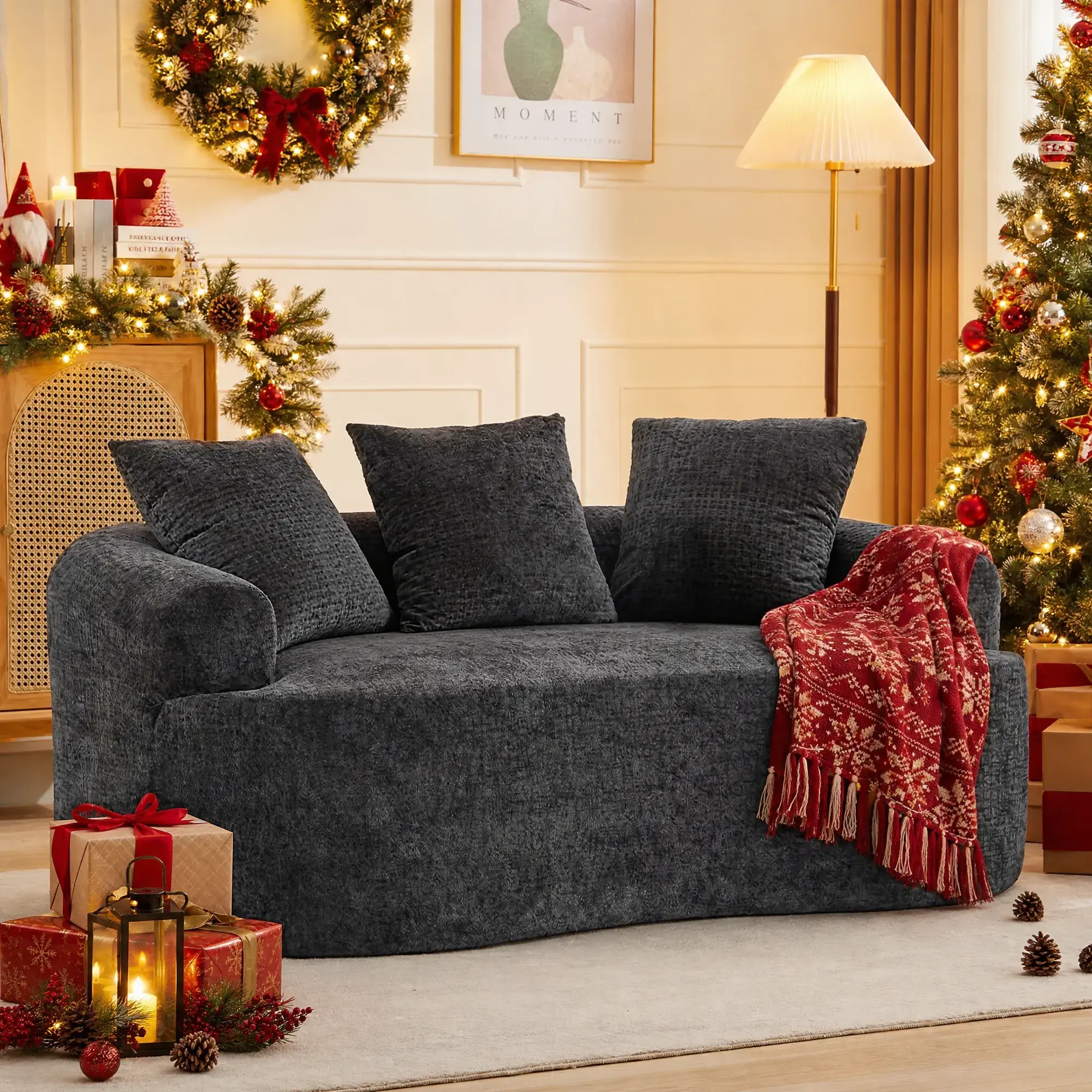 Curved Loveseat, Small Chenille Sofa with 3 Pillows, Deep Seat Couch for Apartment, Living Room, No Assembly Needed