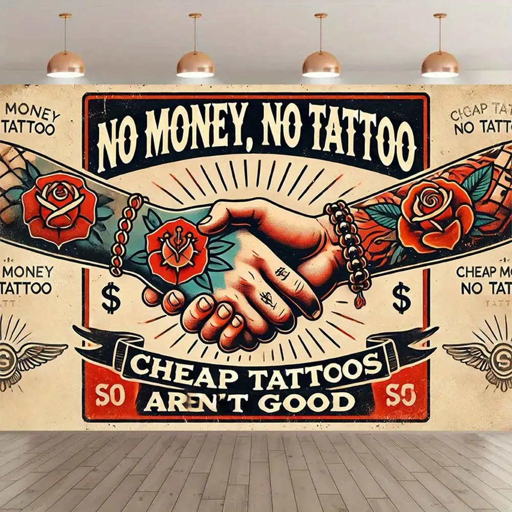 1pc Durable Polyester Print Decor Tapestry Wall Hanging - "No Money No Tattoo", "Cheap Tattoos", Clasp Hands, Floral Designs, Wings - Indoor/Outdoor Backdrop Banner for Studio Props, Birthday Use