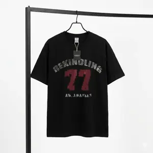 Men's Varsity Number 77 Graphic T-Shirt - Arched Lettering Aesthetic Alternative Garment, Casual Black & White Blockcore Cotton Streetwear, Drapey All-Season Dad Life Tshirt